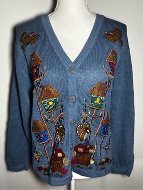 Vintage Blue Embroidered Cottagecore V-Neck Button Sweater Cardigan
